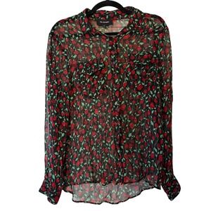 The Kooples Rosa Rose Sheer Button Down Blouse Women's 2 Medium Black Red Green